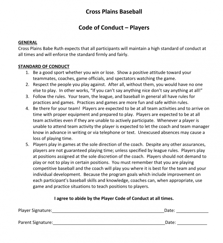travel baseball team code of conduct